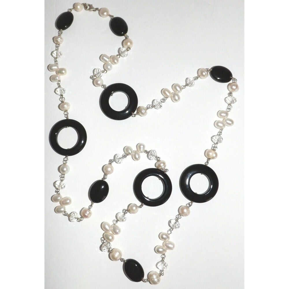 Sterling Silver 925 Cultured Pearl Black Agate Beaded Necklace 34"